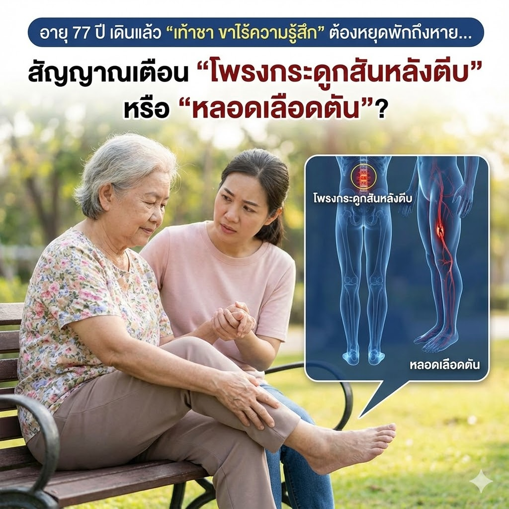 อายุ 77 ปี เดินแล้ว “เท้าชา ขาไร้ความรู้สึก” ต้องหยุดพักถึงหาย... สัญญาณเตือน “โพรงกระดูกสันหลังตีบ” หรือ “หลอดเลือดตัน”?
